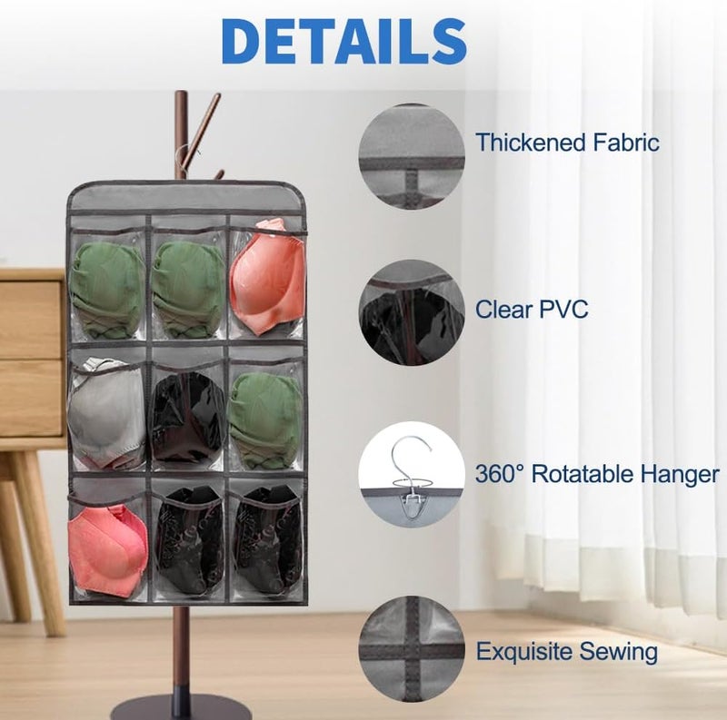 TEMUORG 2 Pcs Closet Organizer Dual Sided Hanging Shoe Storage Bag Underwear Socks Holder with 18 Pockets (CLEAR POCKETS) - Image 4